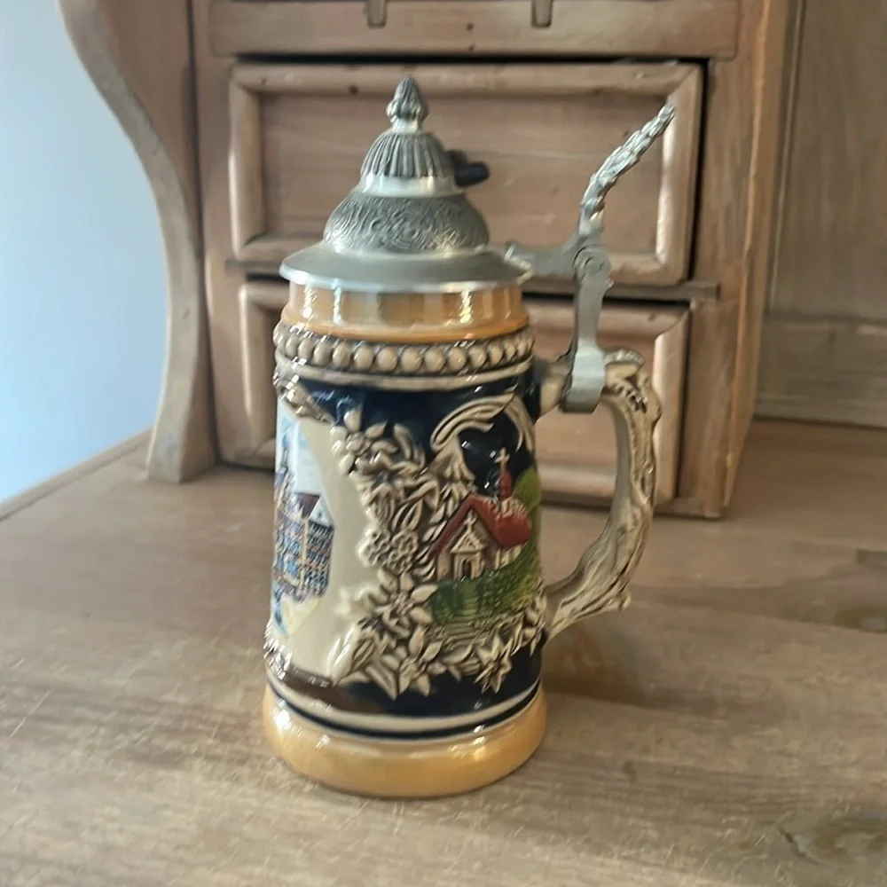 Ceramic German Beer Stein Frankfurt Roemer Design Pewter Lid Alpine Schnapps